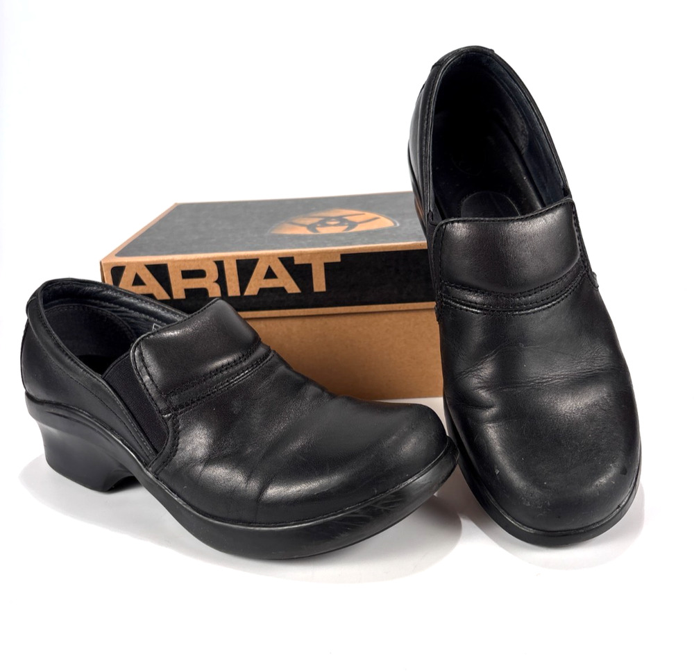 Ariat Womens Black Leather Slip On Shoes Clog Round Toe Mule Heel 9B EUC Box
